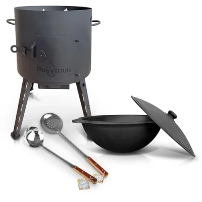 Afbeelding van Utschak Kazan KazanoFF, vuurkachel met gietijzeren pan, ronde bodem deksel (12 liter), Ø 40 cm, outdoor, vuurschaal, camping, Kazan, goulashkanon Dutch Oven (set 3 12)