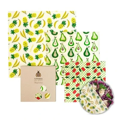 Afbeelding van Bijenwas doekjes, Herbruikbare Wraps voor etenswaren, Zero Waste voedsel verpakking, Set van 3, Klein, Middel en Groot, Strawberry &amp; Cream SuperBee