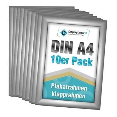 Afbeelding van DisplayLager, Deense kwaliteit 10 stuks spaarpak zilver DIN A4 klapframe met 25 mm aluminium profiel, ontspiegelde beschermschijf, bevestigingsmateriaal