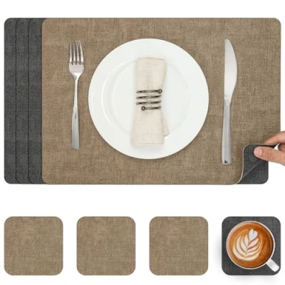 Afbeelding van Myir JUN Lederen Placemat en Onderzetters, Tafelmatten Waterdichte Afveegbare Dubbelzijdige Plaats Matten Koffiematten Antislip Wasbare Placemats Coaster (Grijs Beige, Sets 4)
