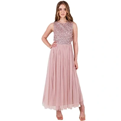 Afbeelding van Maya Deluxe Vrouwen Midaxi Jurk Dames Mouwloze Pailletten Hoge Empire Taille Tule Versierd voor Bruiloft Gast Bal Bruidsmeisje, Frosted Roze, 48