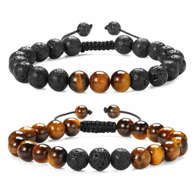Afbeelding van Bixorp Gems Set van twee Tijgeroog / Lavasteen Armbanden Edelsteen Kralenarmband Verstelbaar