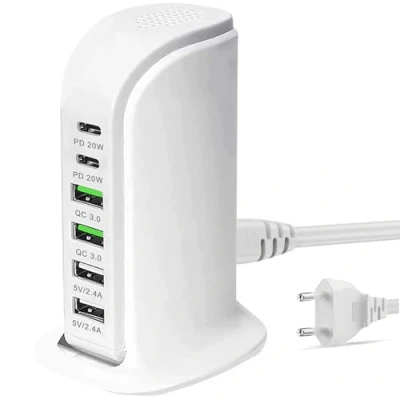 Afbeelding van Meervoudige USB oplader, 65 W snelle C oplader met PD 20 en QC3.0, multi poorts laadstation, 6 poorten laadstation compatibel iPhone/Samsung/Xiaomi andere apparaten (wit)