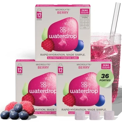 Afbeelding van waterdrop® Microlyte BERRY Set 36 porties met 4 elektolyten, 9 vitmaninen + zink Sportdrank Suikervrij &amp; calorievrij Vegan Lost op in water.