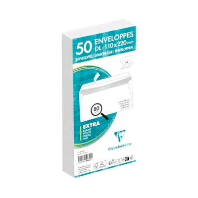 Afbeelding van Clairefontaine 5935C Pakket van 50 Witte Enveloppen DL 110x220mm Zelfklevend 80g/m²