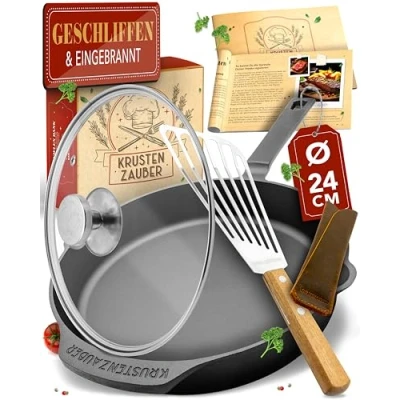 Afbeelding van KRUSTENZAUBER koekenpan 24 cm inclusief glazen deksel en visspatel gietijzeren pan skillet met houder Hapjespan voor gas, inductie, elektrisch fornuis