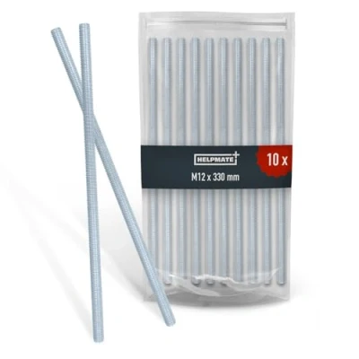 Afbeelding van HELPMATE schroefdraadstang M12 x 330 mm van verzinkt staal, 10 stuks met metrische volledige schroefdraad, schroefdraadstift sterkteklasse 4.8, DIN 976