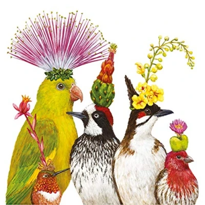 Afbeelding van 20 servetten vogels met exotische hoofdtooi grappig dieren tafeldecoratie 33x33cm