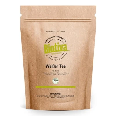 Afbeelding van Biotiva Witte thee Pai Mu Tan bio 100g handgeplukt Zacht, geurig en aromatisch Fairbiotea gecertificeerd duurzame theeteelt