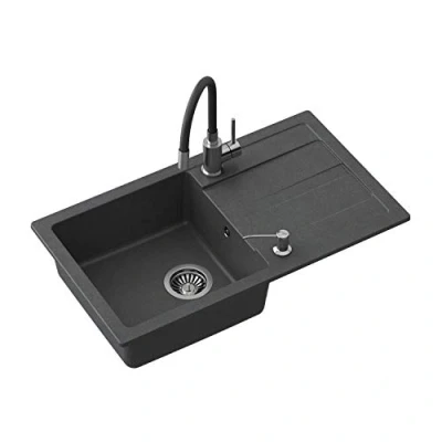 Afbeelding van VBChome Spoelbak met armatuur 77 x 44 cm zwart enkele wastafel inbouwspoelbak afdruipvlak gespikkeld omkeerbare composietspoelbak + sifon afwasmiddel dispenser