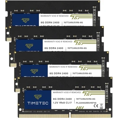 Afbeelding van Timetec 32 GB KIT (4 x 8 GB) DDR4 2400 MHz PC4 19200 Non ECC zonder buffer 1,2 V CL17 1Rx8 Single Rank 260 Pin SODIMM Laptop PC Geheugen RAM Module Upgrade