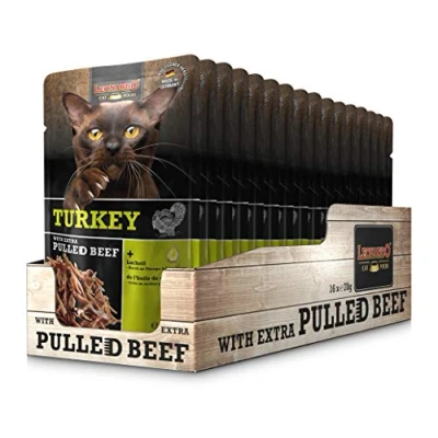 Afbeelding van Leonardo Pulled Beef zak [16 x 70 g kalkoen met extra rundvlees] Natvoer zonder granen voor katten Compleet voer
