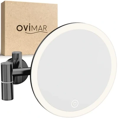 Afbeelding van ovimar Ringstind Gunmetal Cosmeticaspiegel, met verlichting, oplaadbaar, wandmontage om te boren, in de badkamer, 5 voudige vergrotingsspiegel, make upspiegel licht, 360 graden spiegel