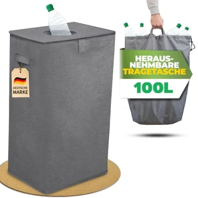 Afbeelding van COTTARA® Verzamelbak met deksel en draagtas, statiegeldhouder inworp, ideale flessenorganizer, flessenverzamelaar, lege goederen, voor keuken, grijs