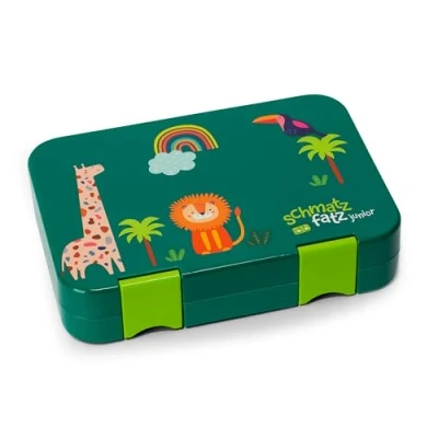 Afbeelding van schmatzfatz Junior Broodtrommel voor kinderen, met vakken, BPA vrije lunchbox bento box meisjes en jongens, snackbox, perfect school, kleuterschool uitstapjes (groene jungle)