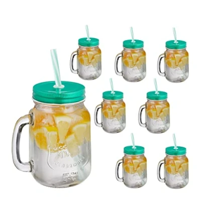Afbeelding van Relaxdays drinkglazen met rietje set van 8 mason jar limonadeglazen groen deksel