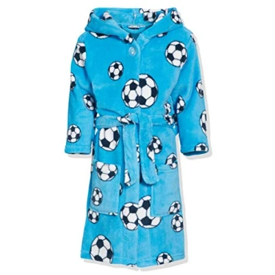 Afbeelding van Playshoes Knuffelzachte fleece ochtendjas voetbal badjas, blauw (7)., 98/104 cm