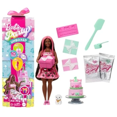 Afbeelding van Barbie Uitpakparty Pop en Accessoires, serie Dierenverjaardag, set Glinsterende Harten met 10 verrassingen, waaronder kleurverandering taart versieren, JFG71