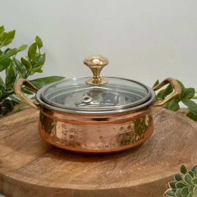 Afbeelding van Puur koperen serveerschaal met RVS binnenkant en glazen deksel 650 gr 14 cm