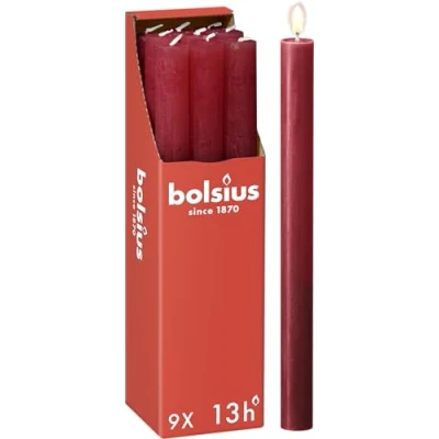 Afbeelding van Bolsius Rustieke staafkaarsen rood 9 stuks 27 x 2,3 cm lengte brandduur 13 uur ongeparfumeerd bevat natuurlijke plantaardige was zonder palmolie