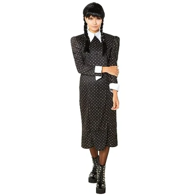 Afbeelding van Rubies Addams kostuum voor dames, zwarte jurk, bedrukt, officieel Wednesday Halloween, carnaval, feestjes en cosplay
