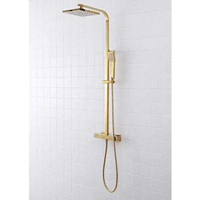 Afbeelding van SCHWÄNLEIN Anti kalk douchesysteem met thermostaat, regendouche, doucheset, douchearmatuur, douchezuil (messing goud)