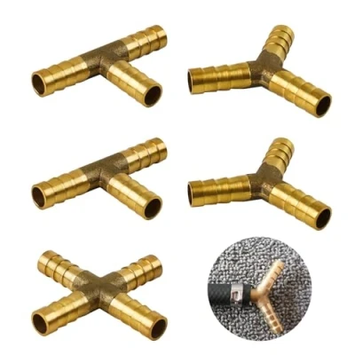 Afbeelding van 5 stuks 8 mm messing brandstofleidingconnectoren, WJUAN brandstofslang schrijnwerker, 3/4 weg met prikkeldraad connector adapter voor brandstoflucht, water en gasolie, 3 stijlen