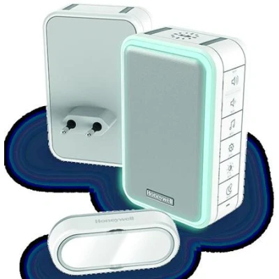 Afbeelding van Honeywell rf 3 serie 6 melodieen usb oplaadbare deurbel drukknop horizontaal landscape halo verlichting plug in wit dc315sp2l