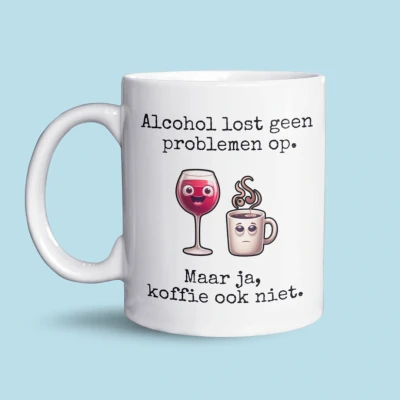 Afbeelding van NietMokken.nl Grappige mok Alcohol lost geen problemen op, maar ja, koffie ook niet Leuk cadeau voor vriend, collega of familie Keramische beker Dubbelzijdig bedrukte tas Vaatwasser en magnetronbestendig