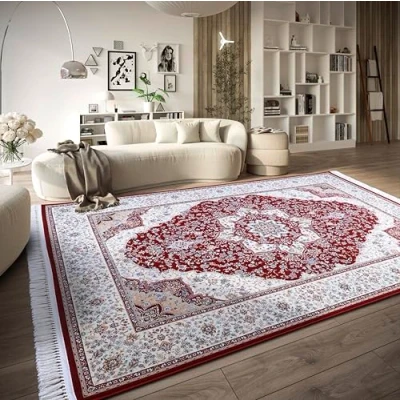 Afbeelding van Villeroy &amp; Boch Laagpolig tapijt Etienne oosters woonkamertapijt dicht geweven met franjes klassiek voor woonkamer, slaapkamer, eetkamer, hal rood crème, 155 x 235 cm