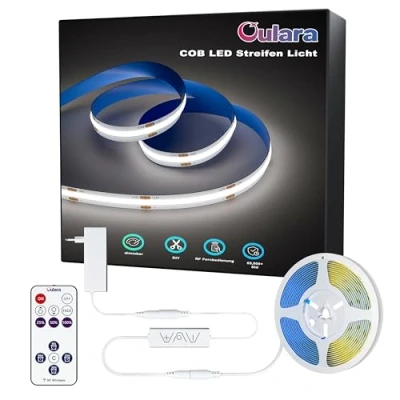 Afbeelding van OULARA COB ledstrip, koud wit, 6000 K, 10 m, 3200 leds, dimbaar, 24 V, flexibele ledstrip met RF afstandsbediening en voeding, CRI90+ heldere onderbouwlamp voor thuis, doe het zelf decoratie,
