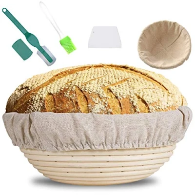 Afbeelding van MOOING Rond rijsmandje, 25 cm Proof mand voor brood en deeg, de ideale gaarmand van natuurlijk riet, met linnen inzetstuk deegschraper, Bread Lame + gratis borstel