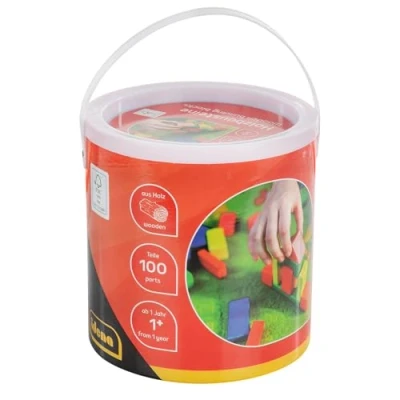 Afbeelding van Idena 40030 Houten bouwstenen in verschillende kleuren en vormen, vanaf 12 maanden, 100 stuks emmer