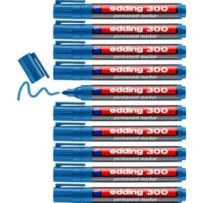 Afbeelding van edding 300 permanent marker lichtblauw 10 stiften ronde punt 1,5 3 mm watervast, sneldrogend wrijfvast voor karton, kunststof, hout, metaal, glas