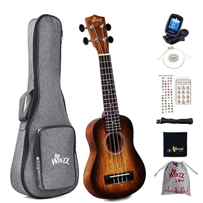 Afbeelding van Winzz Ukelele sopraan beginnerset, 53 cm met 8 accessoires voor kinderen en volwassenen, uniek kleurontwerp bruin