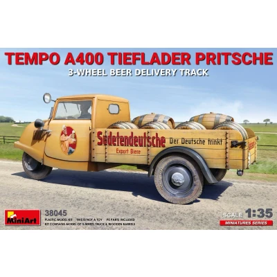 Afbeelding van 1:35 MiniArt 38045 Tempo A400 Tieflader Pritsche 3 Wheel Beer Delivery Truck Plastic Modelbouwpakket