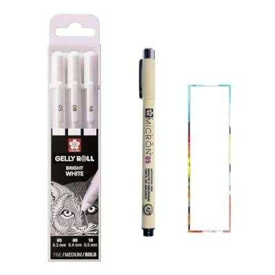 Afbeelding van Sakura Gelly Roll White, Bright White pennen in etui, mixsize 05.08.10 + Pigma Micron Black 05