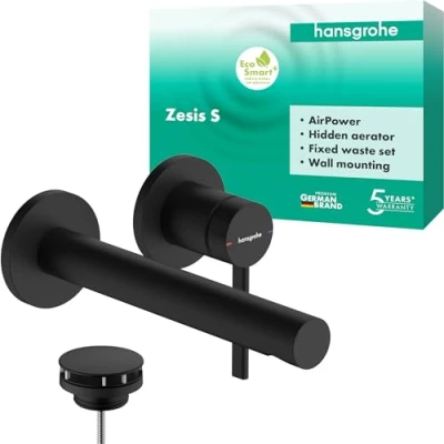 Afbeelding van hansgrohe Zesis S Wastafelkraan inbouw voor wandmontage met afvoer, Wastafelmengkraan voorsprong uitloop 19,4 cm, Badkamerkraan waterbesparend (EcoSmart+), mat zwart, 74750670