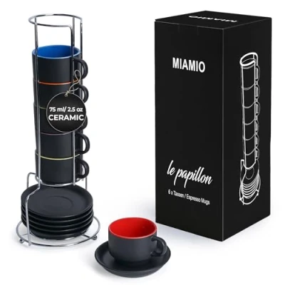 Afbeelding van MIAMIO 6 x 75 ml aardewerk espresso mok/mokken set zwarte buitenkant kleurrijke binnenkant (Kleurrijk)