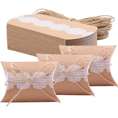 Afbeelding van Allbusky Kraft Papier Snoepdozen, Kussen Zoete Bruiloft Gunsten Dozen, Kant Party Geschenkdozen, Creatief Behandel 50 Pack