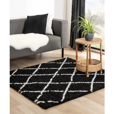 Afbeelding van Vierkant Hoogpolig Vloerkleed Ruiten Habitat Zwart/wit 140x140 Cm