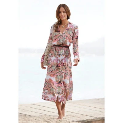 Afbeelding van Lascana jurk met overhemdkraag van gekreppte viscose, maxi knoopsluiting, zomerjurk