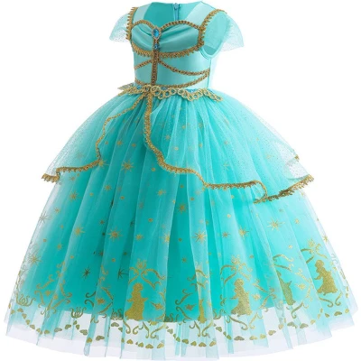 Afbeelding van Prinsessendroom Deluxe Jasmine jurk met haarketting 122 (6/7 jaar) Prinsessenjurk Verkleed kleding Feestjurk