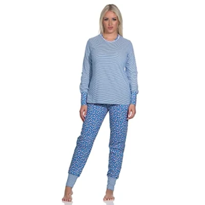 Afbeelding van Normann Damespyjama met lange mouwen en manchetten, bovendeel gestreept, broek bloemenprint, marineblauw, 36/38