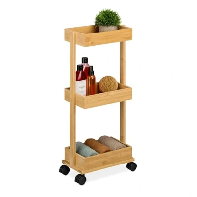 Afbeelding van badkamer trolley 3 laags 71,5x31x18 cm op wieltjes smal bamboe