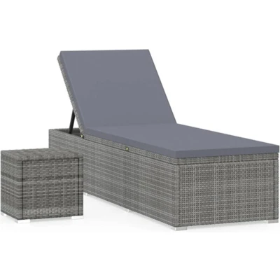 Afbeelding van Ligbed met kussen en theetafel poly rattan grijs
