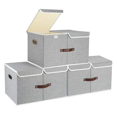 Afbeelding van TYEERS Extra Grote Opbergdoos met Vakken &amp; Deksels, Stoffen Opbergbak, Opvouwbaar, Wasbaar, 55x33x30 cm, Set van 3, Grijs