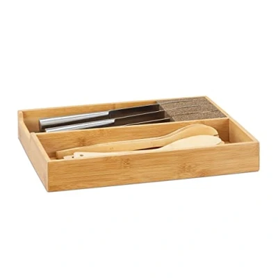 Afbeelding van Relaxdays messenhouder hout messenblok bamboe lade organizer messen opbergen kurk L