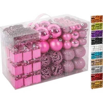 Afbeelding van BRUBAKER Kerstballen Set met Dennenappels, Kerstklokken, Geschenken, Kerstboompiek Kerstboomversiering 101 delen Roze