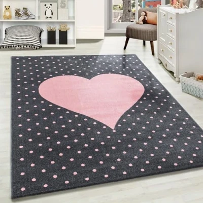 Afbeelding van Kindertapijten, Kleur Roze, hart ontwerp, 25071, Vloerkleed Rechthoekig, kinderkamer babykamer, 80 x 150 cm